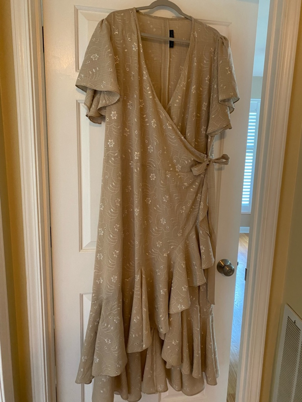 Light Tan Floral Wrap Dress with Ruffle Hem